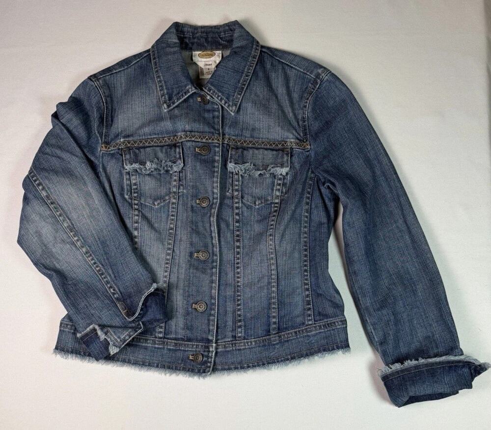 Talbots Womens Blue Denim Jacket Frayed Raw Hem Embroidered Size 6 Medium Wash